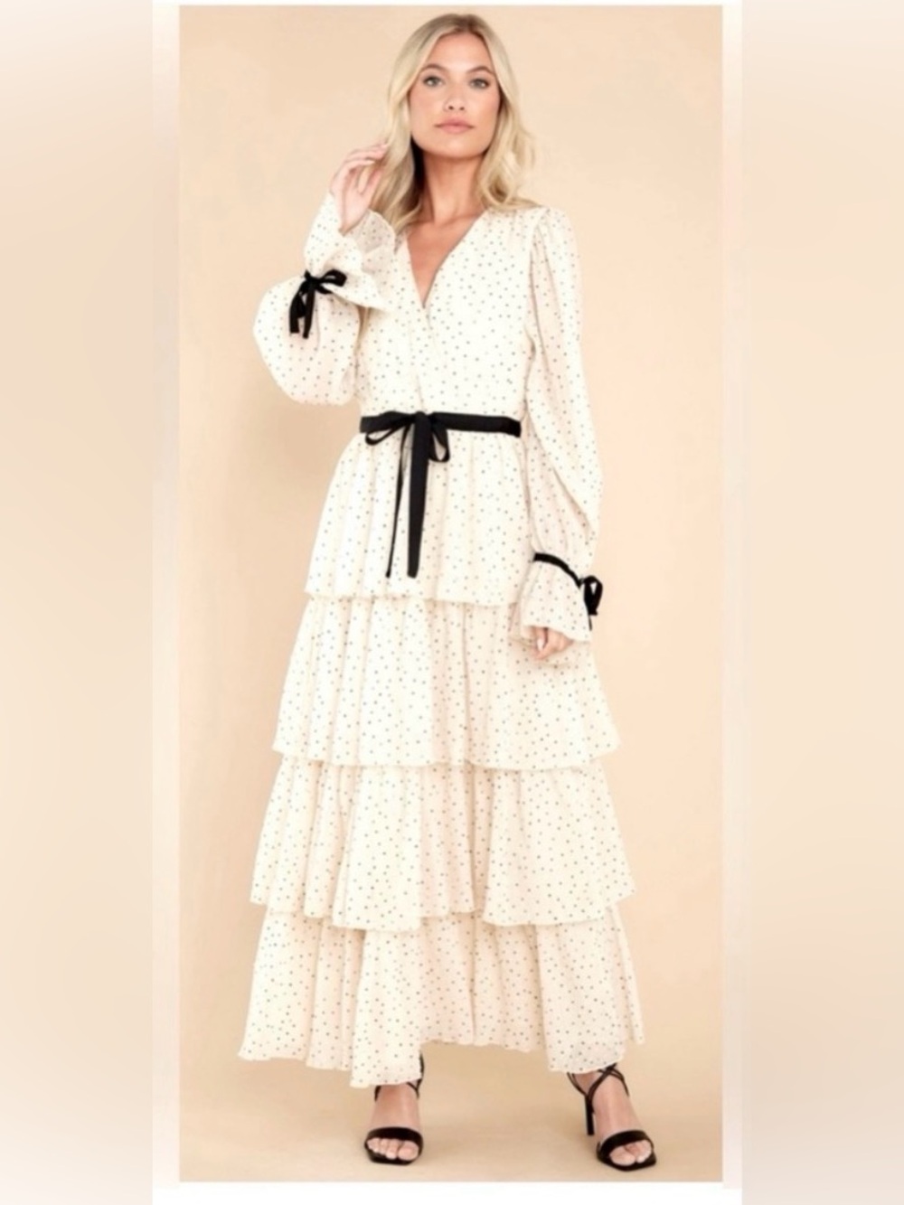 Just Me Cream Tiered Maxi Dress with Black Ribbon Tie